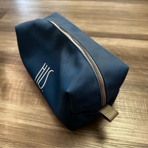 RAE DUNN "His" Toiletry Bag with 2nd Zipper Pocket navy blue - Picture 3 of 9